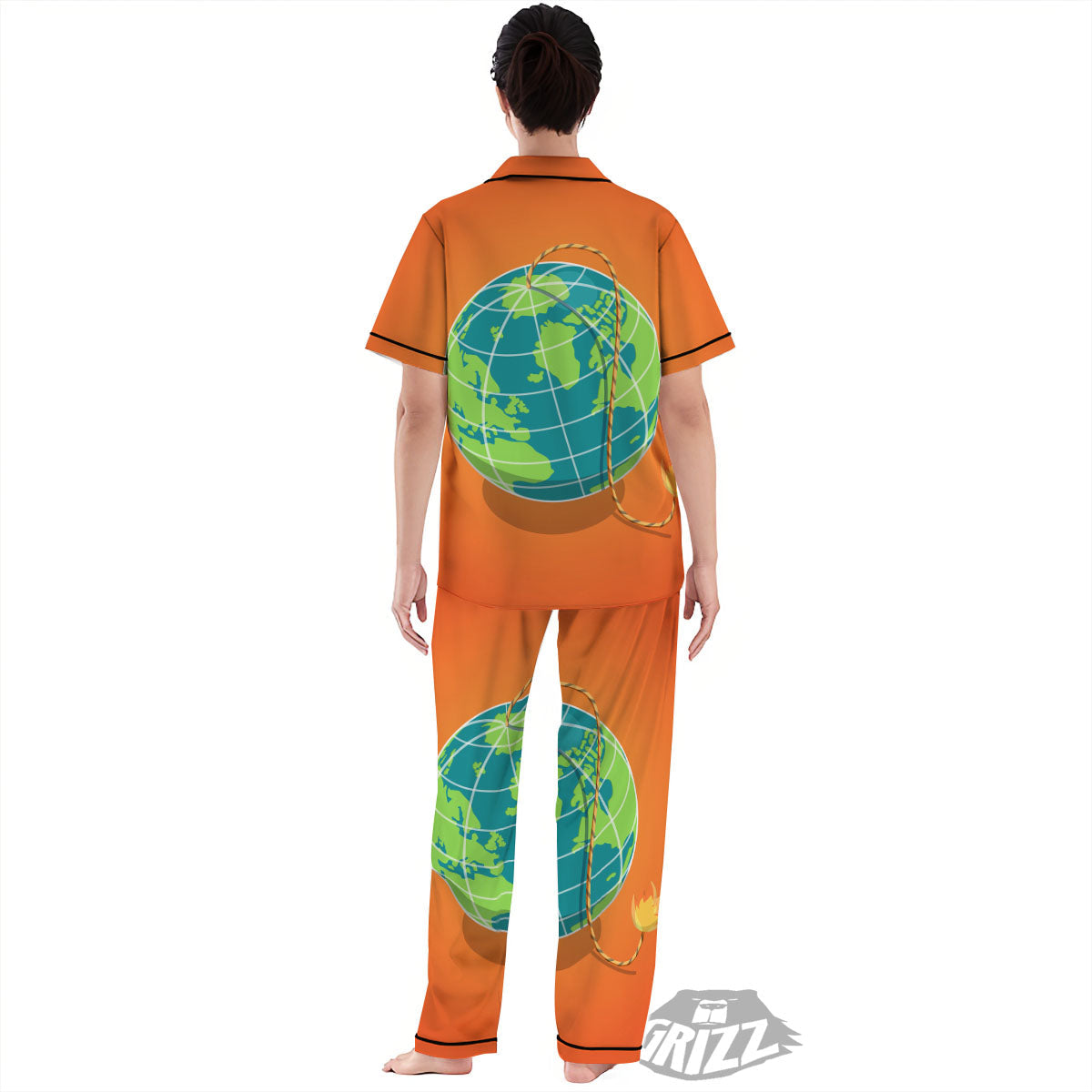 Planet Earth With Burning Fuse Orange Print Women's Pajamas Set-grizzshop