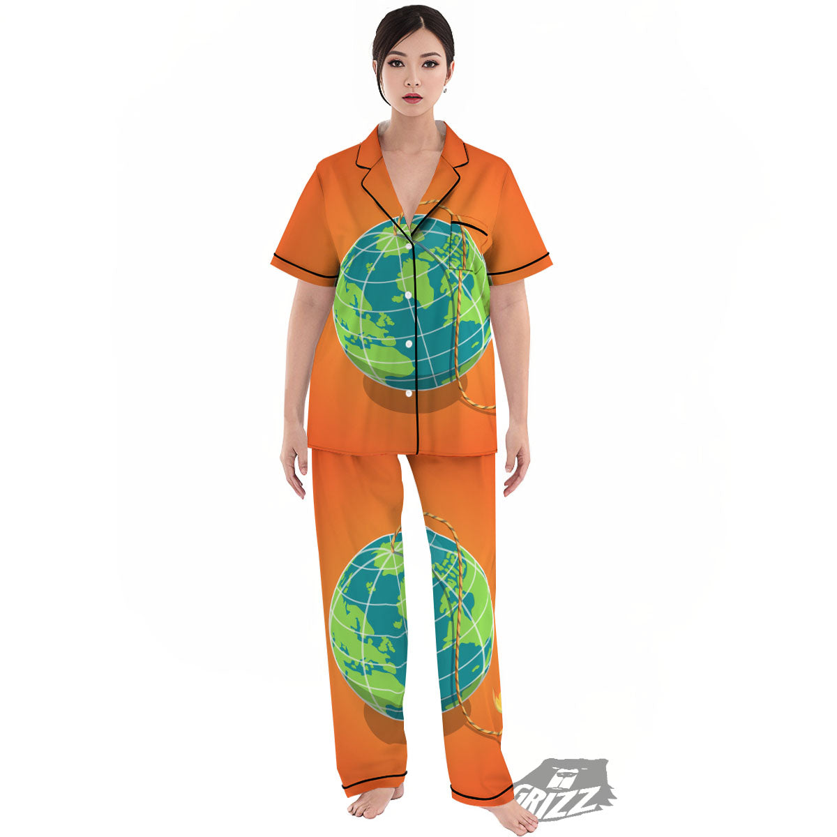 Planet Earth With Burning Fuse Orange Print Women's Pajamas Set-grizzshop
