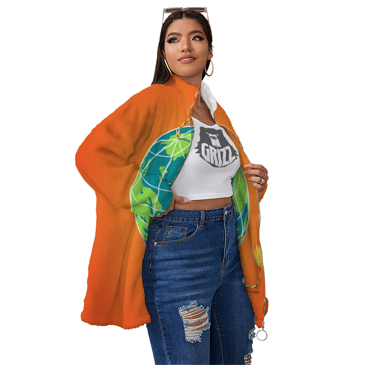 Planet Earth With Burning Fuse Orange Print Women's Sherpa Jacket-grizzshop