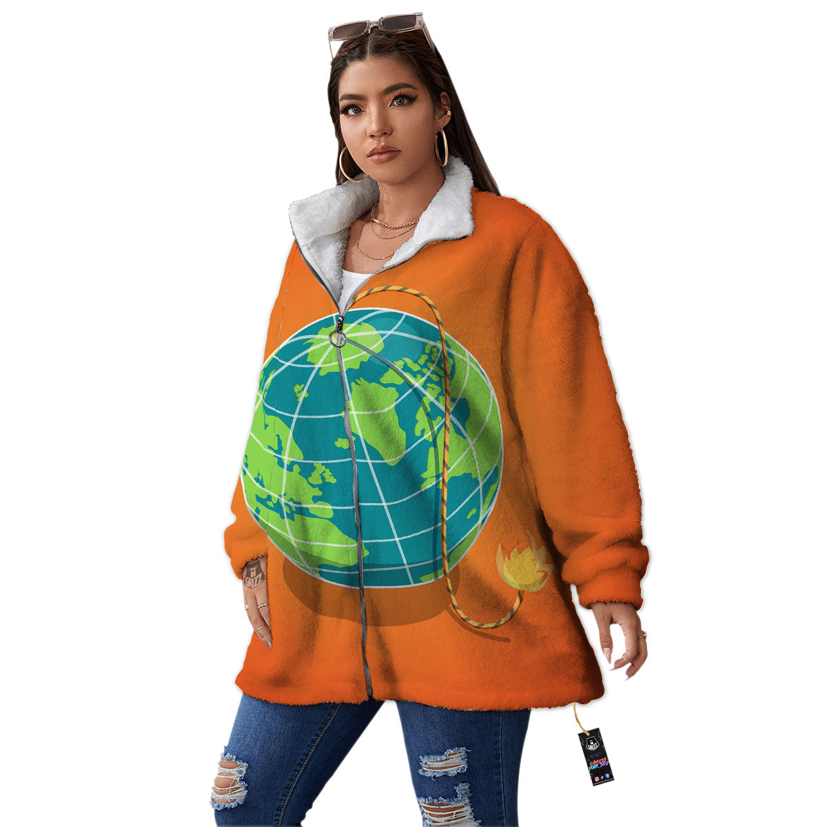 Planet Earth With Burning Fuse Orange Print Women's Sherpa Jacket-grizzshop