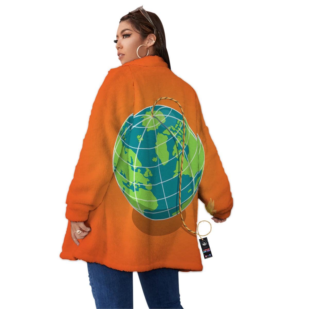 Planet Earth With Burning Fuse Orange Print Women's Sherpa Jacket-grizzshop