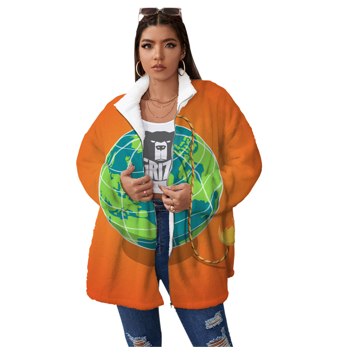 Planet Earth With Burning Fuse Orange Print Women's Sherpa Jacket-grizzshop