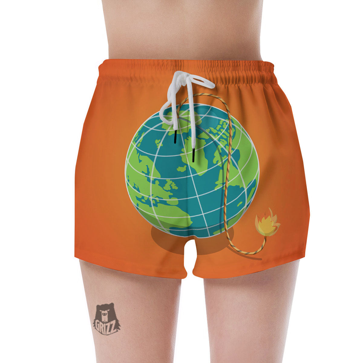 Planet Earth With Burning Fuse Orange Print Women's Shorts-grizzshop