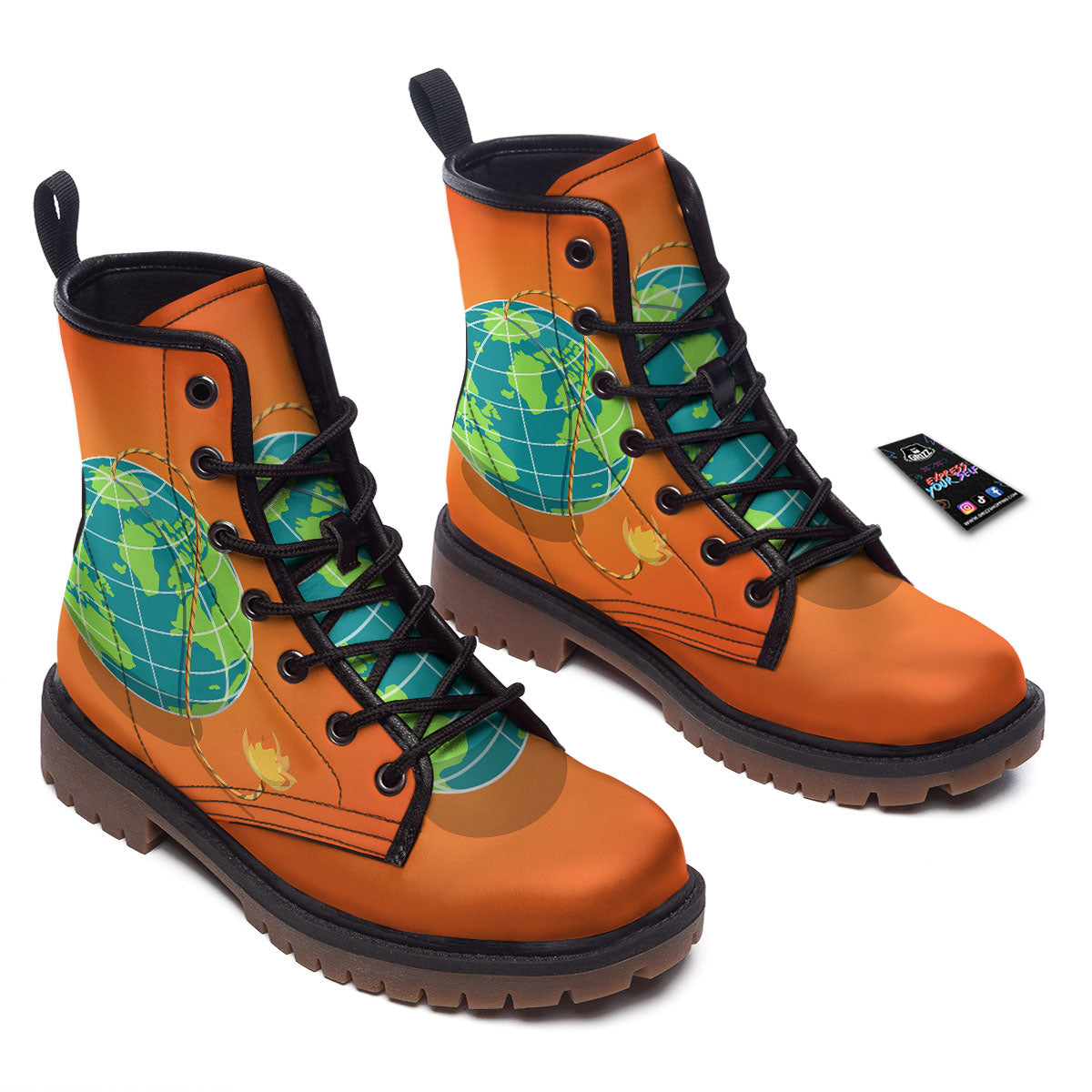 Planet Earth With Burning Fuse Orange Print Work Boots-grizzshop