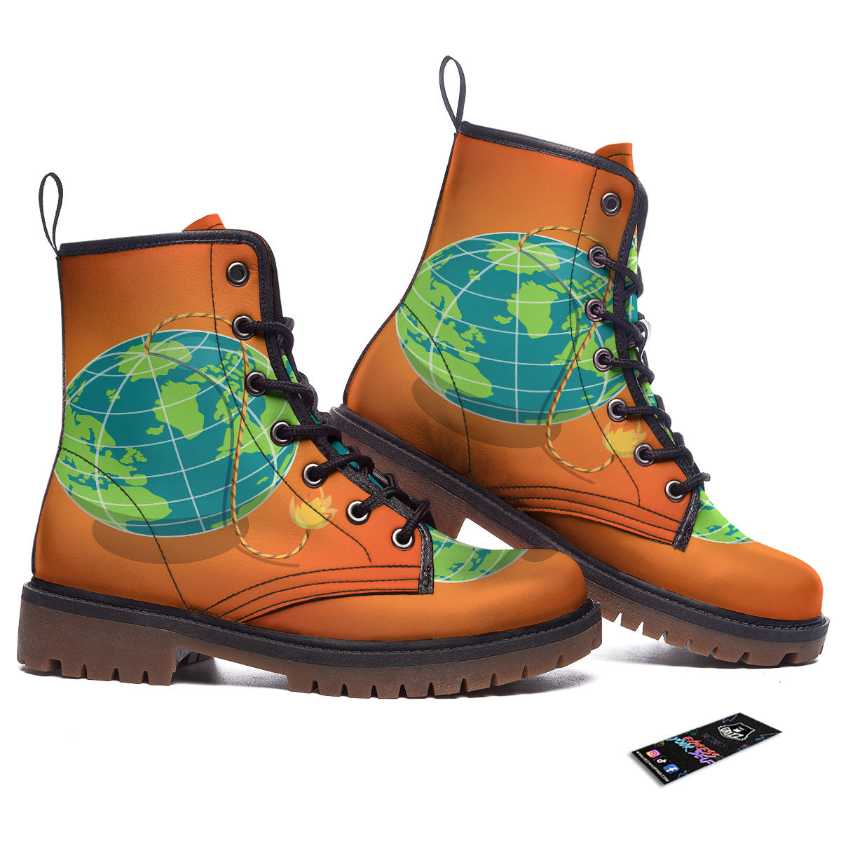 Planet Earth With Burning Fuse Orange Print Work Boots-grizzshop