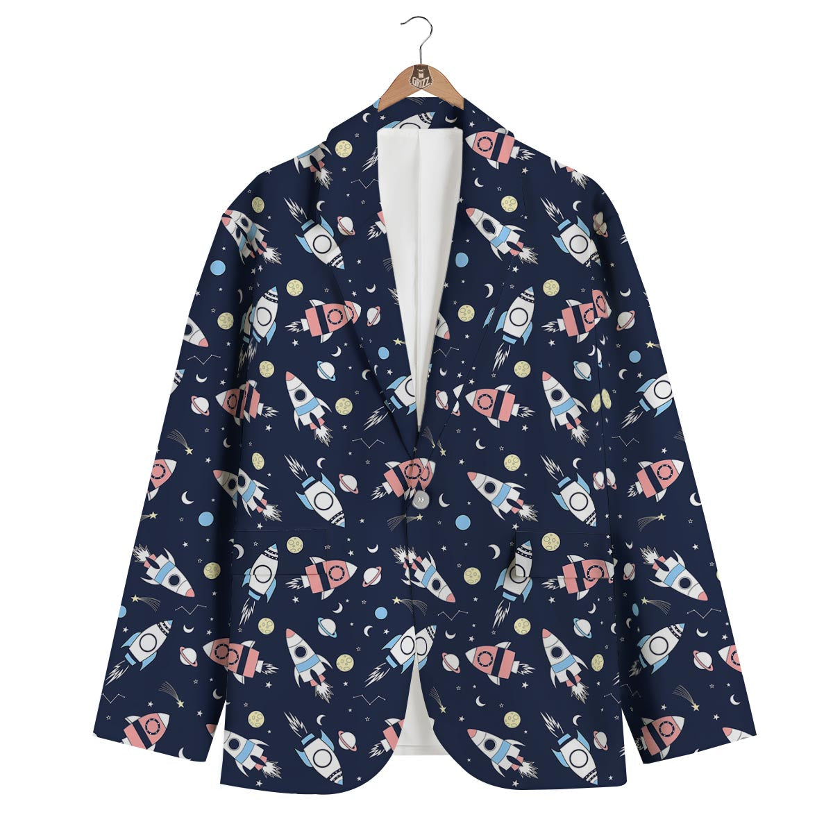 Planet Spaceship Pattern Print Men's Blazer-grizzshop