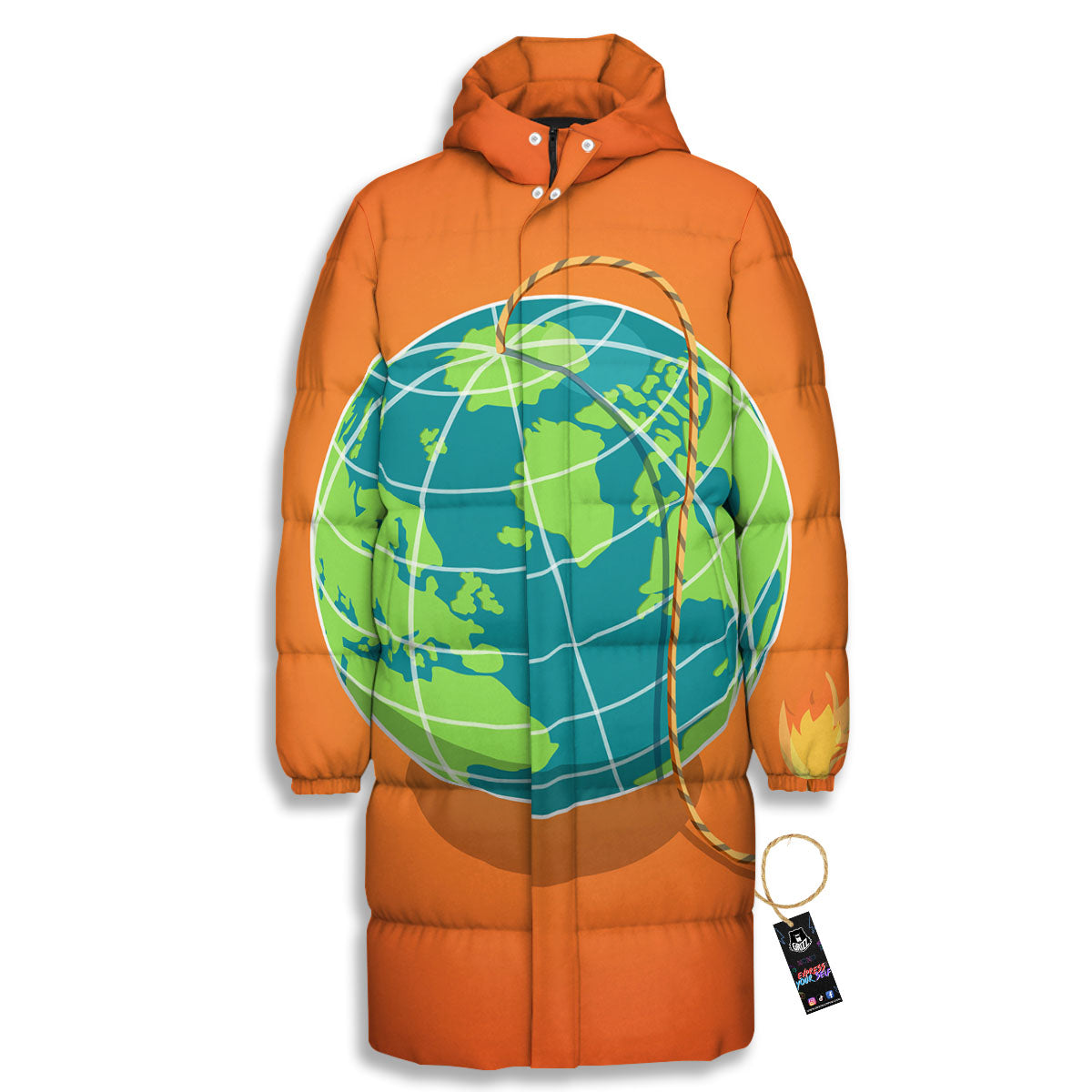 Planet Earth With Burning Fuse Orange Print Long Down Jacket