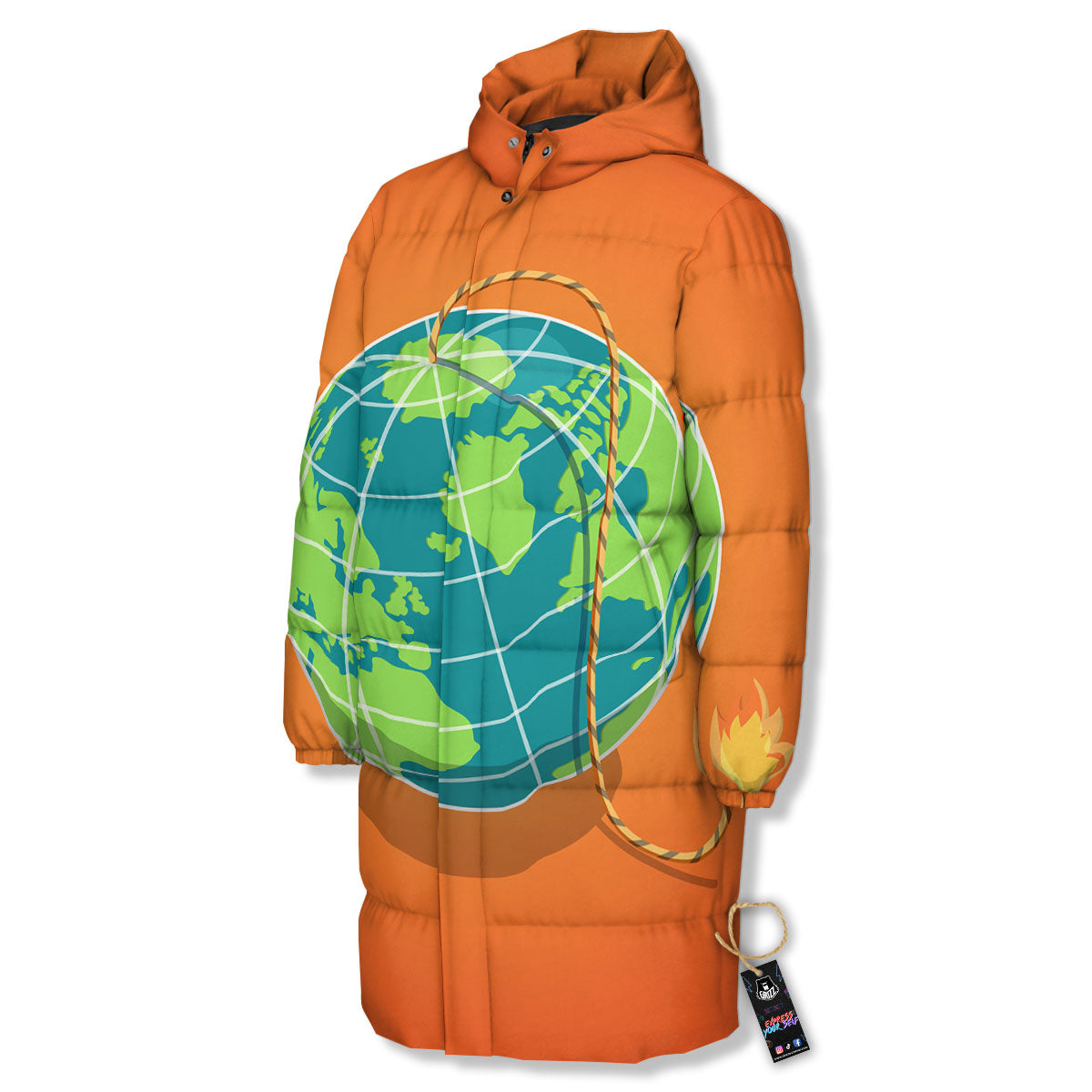 Planet Earth With Burning Fuse Orange Print Long Down Jacket