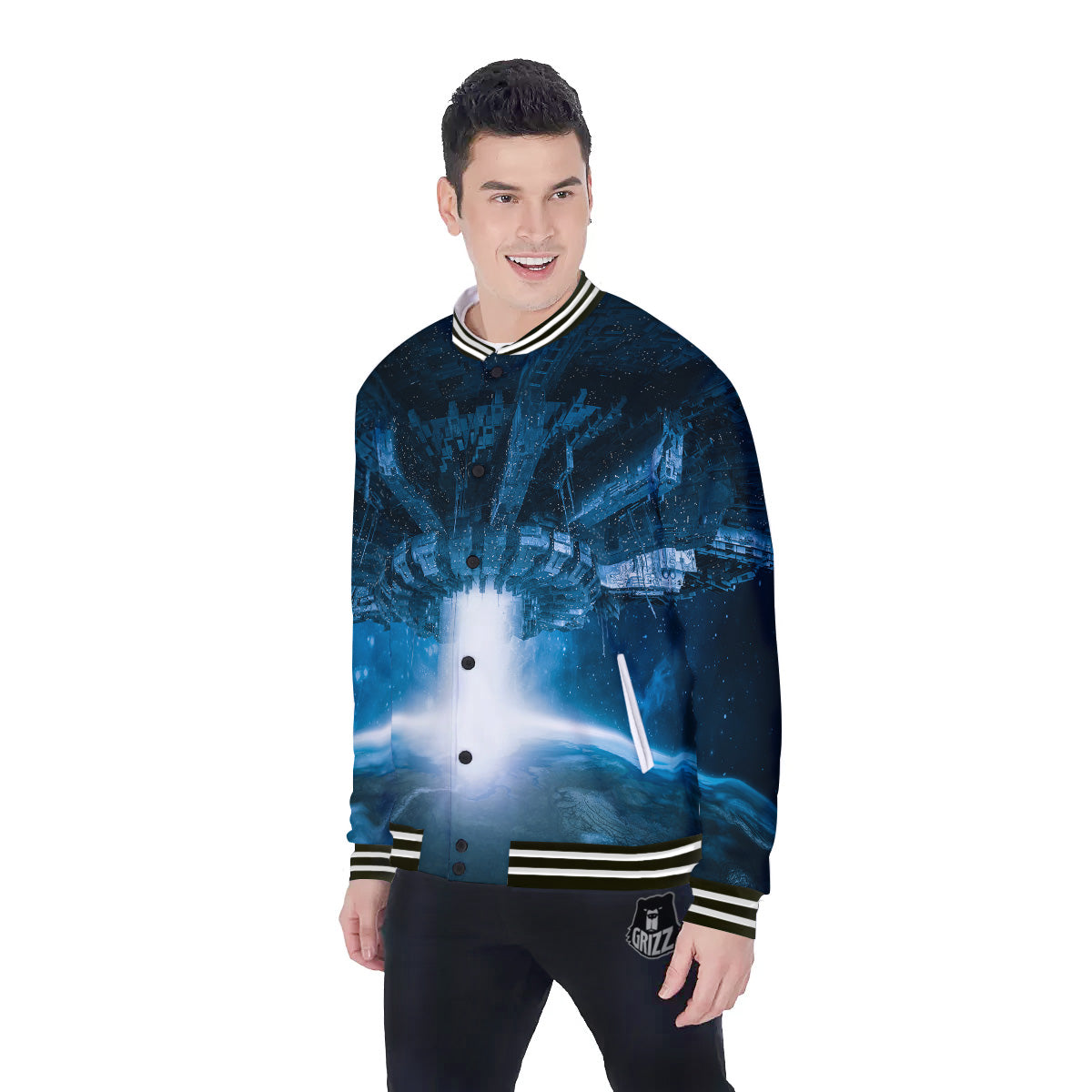 Planetary Invasion Print Baseball Jacket-grizzshop