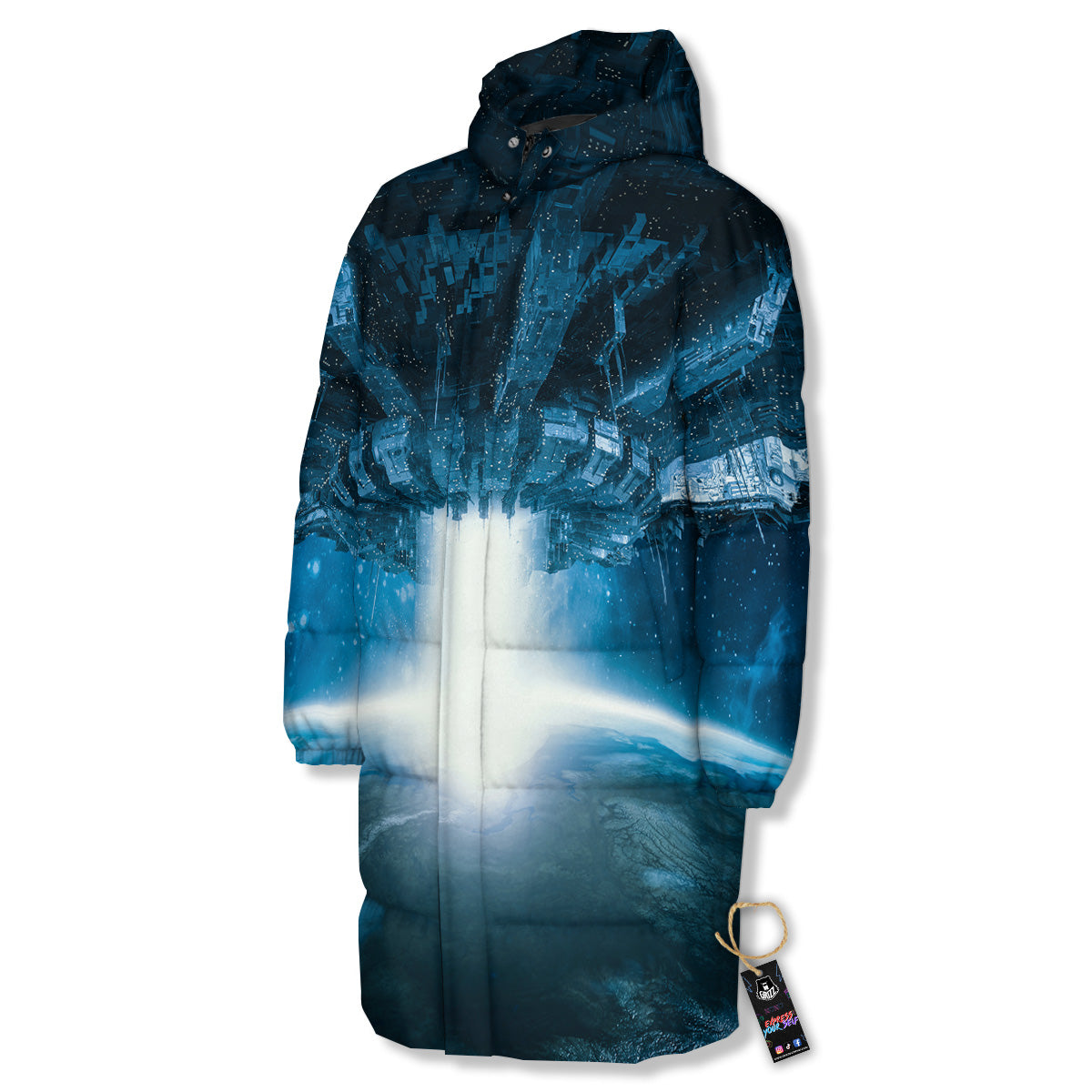 Planetary Invasion Print Long Down Jacket-grizzshop