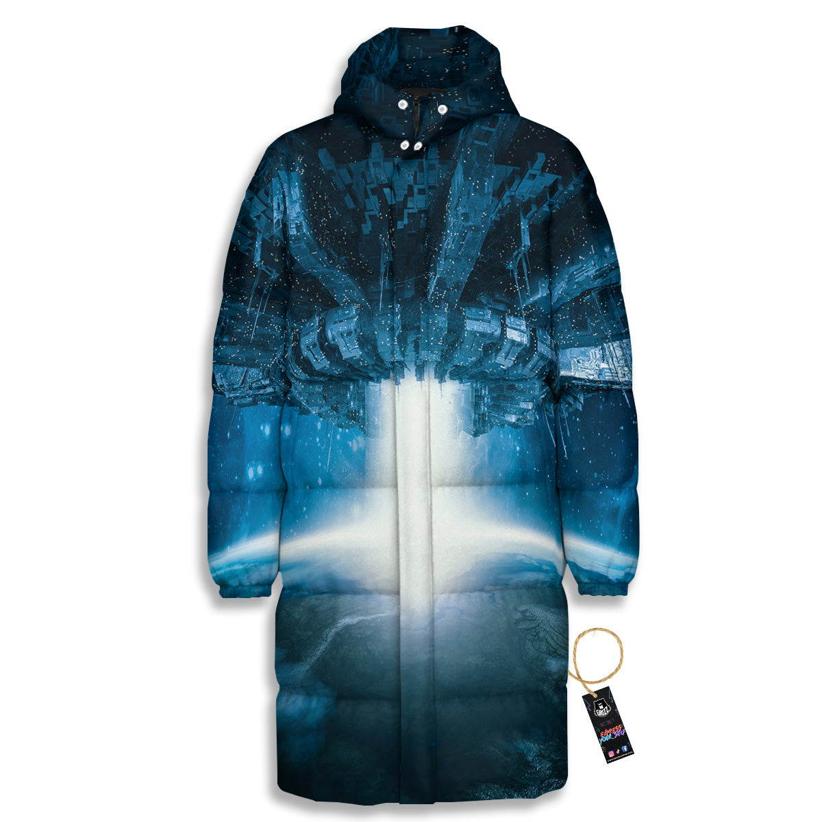 Planetary Invasion Print Long Down Jacket-grizzshop