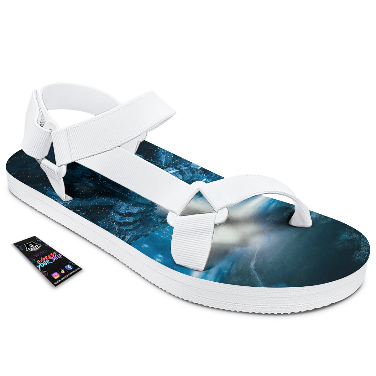 Planetary Invasion Print White Open Toe Sandals-grizzshop