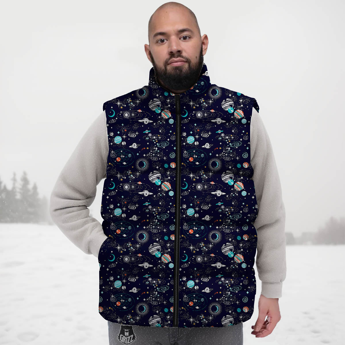 Planets And Constellations Print Pattern Down Vest