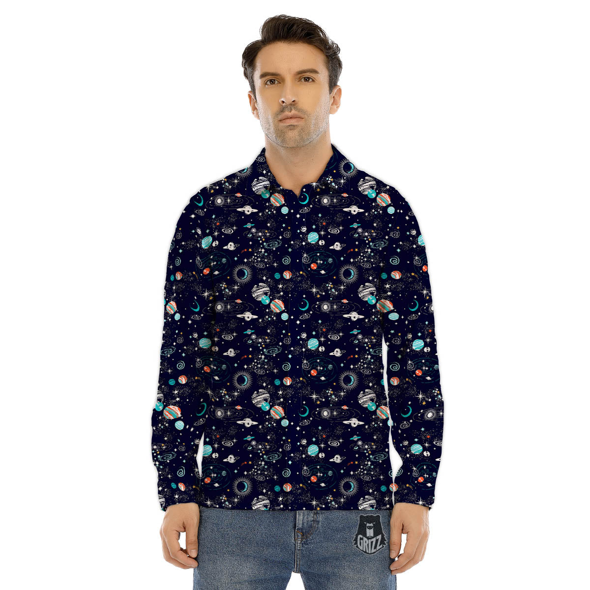 Planets And Constellations Print Pattern Men's Dress Shirts-grizzshop