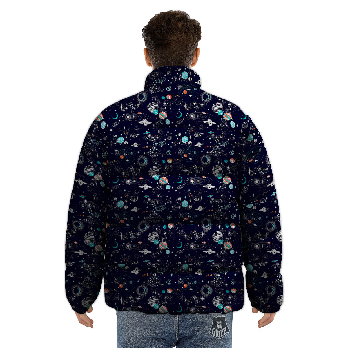 Planets And Constellations Print Pattern Puffer Jacket-grizzshop