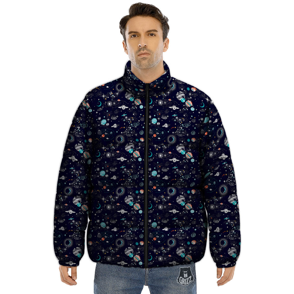 Planets And Constellations Print Pattern Puffer Jacket-grizzshop