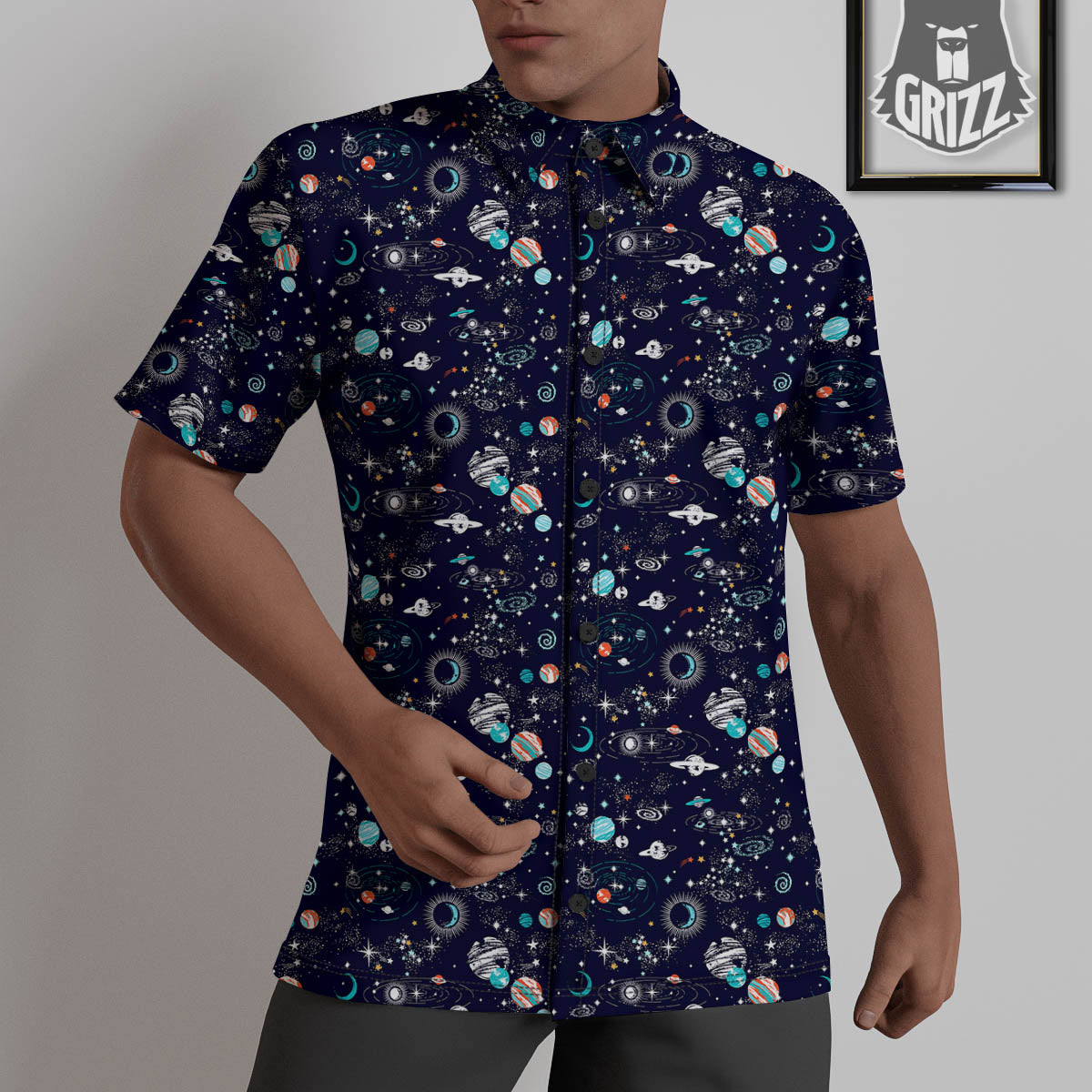 Planets And Constellations Print Pattern Untucked Shirts-grizzshop