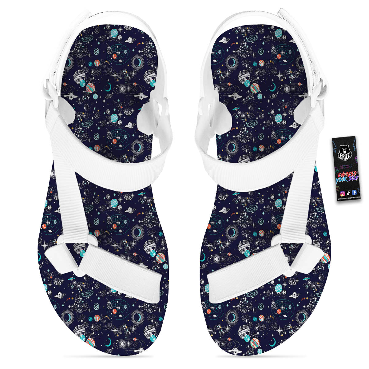 Planets And Constellations Print Pattern White Open Toe Sandals-grizzshop