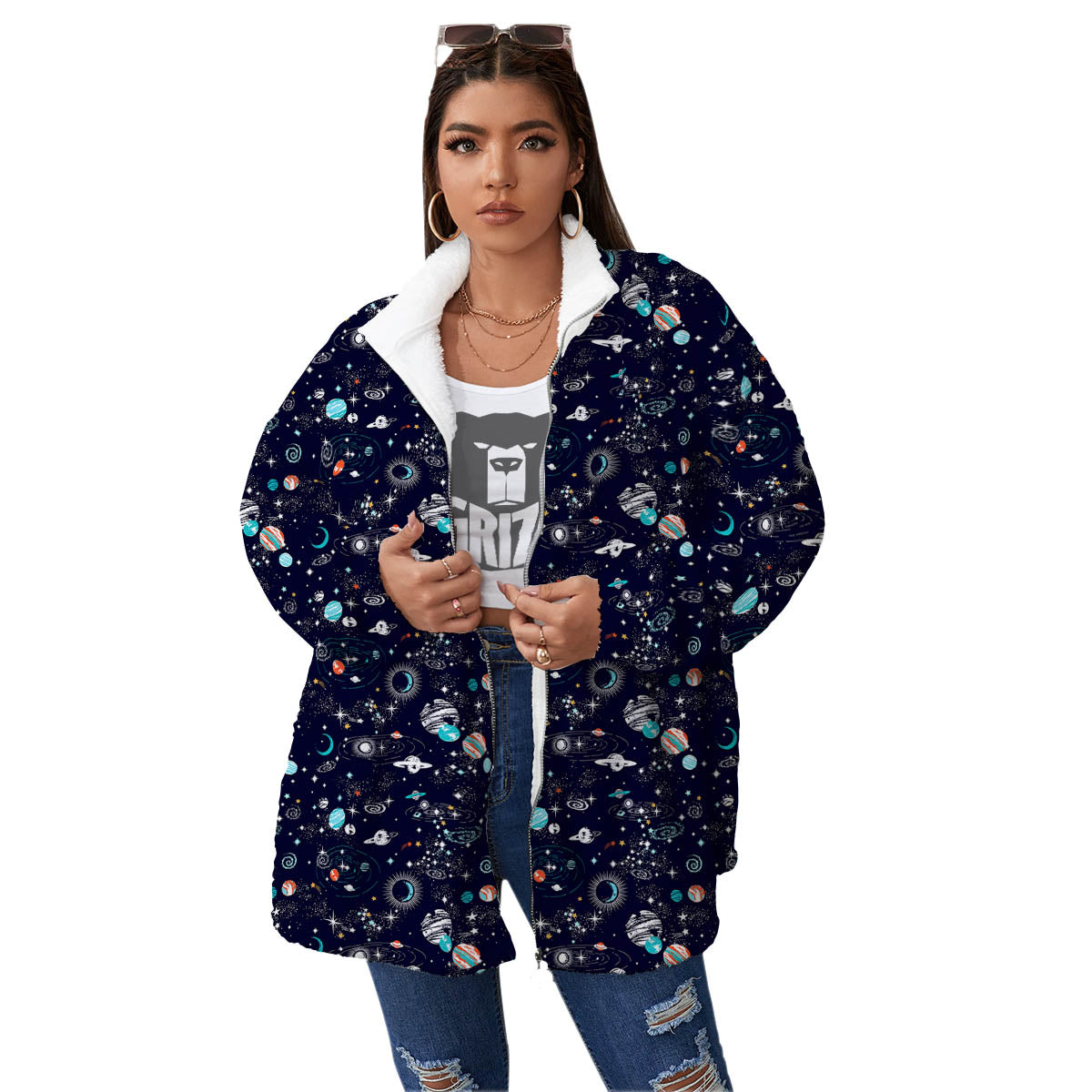 Planets And Constellations Print Pattern Women's Sherpa Jacket-grizzshop