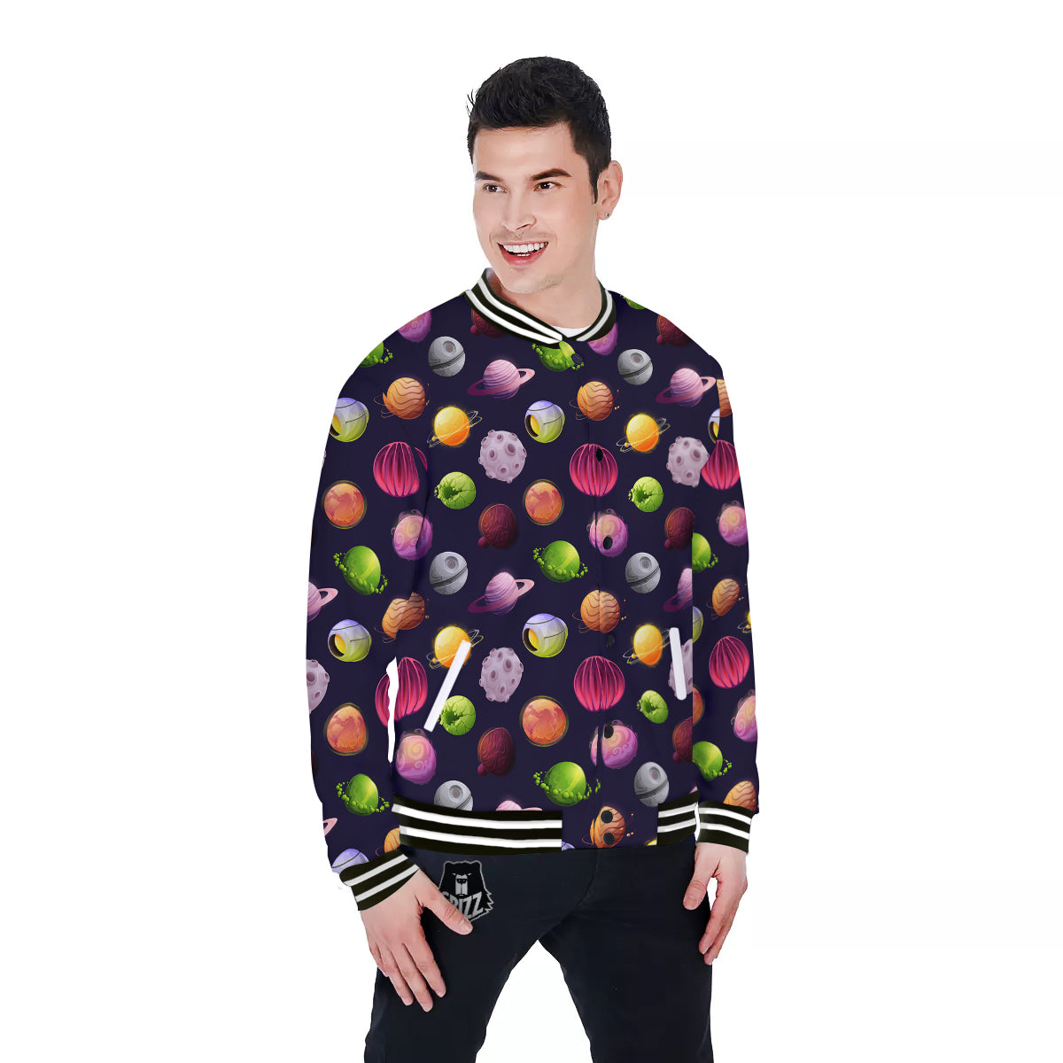 Planets And Stars Print Pattern Baseball Jacket-grizzshop