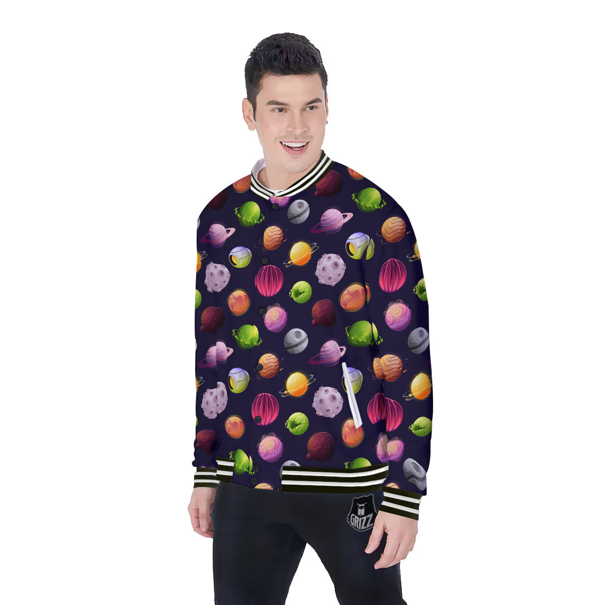 Planets And Stars Print Pattern Baseball Jacket-grizzshop