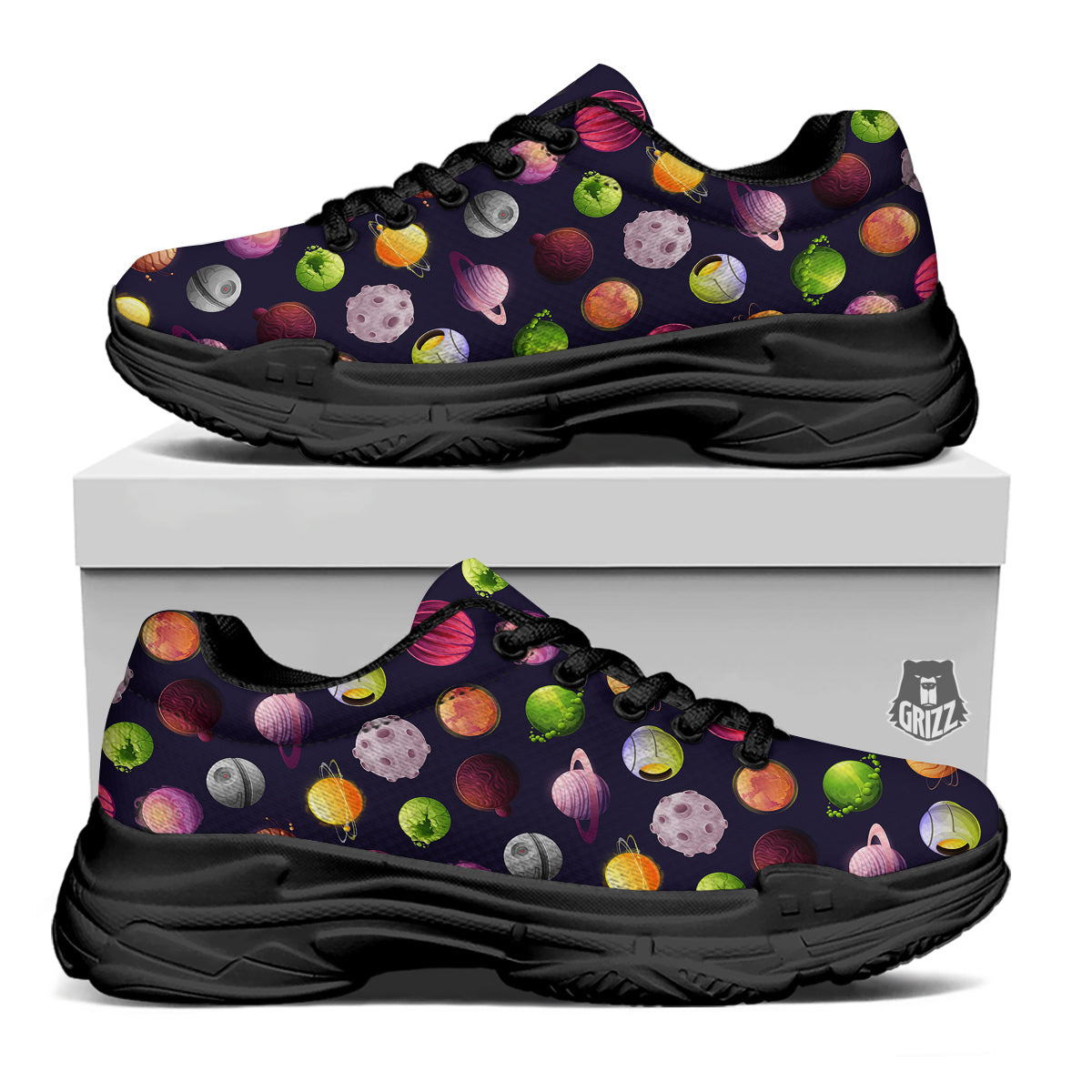 Planets And Stars Print Pattern Black Chunky Shoes-grizzshop