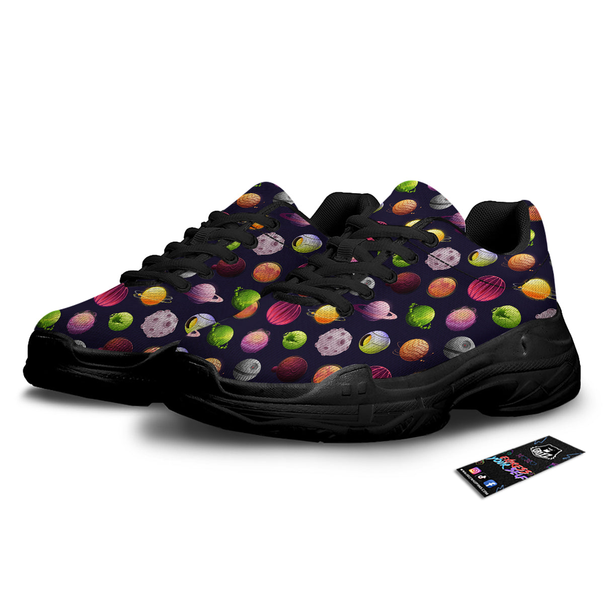 Planets And Stars Print Pattern Black Chunky Shoes-grizzshop