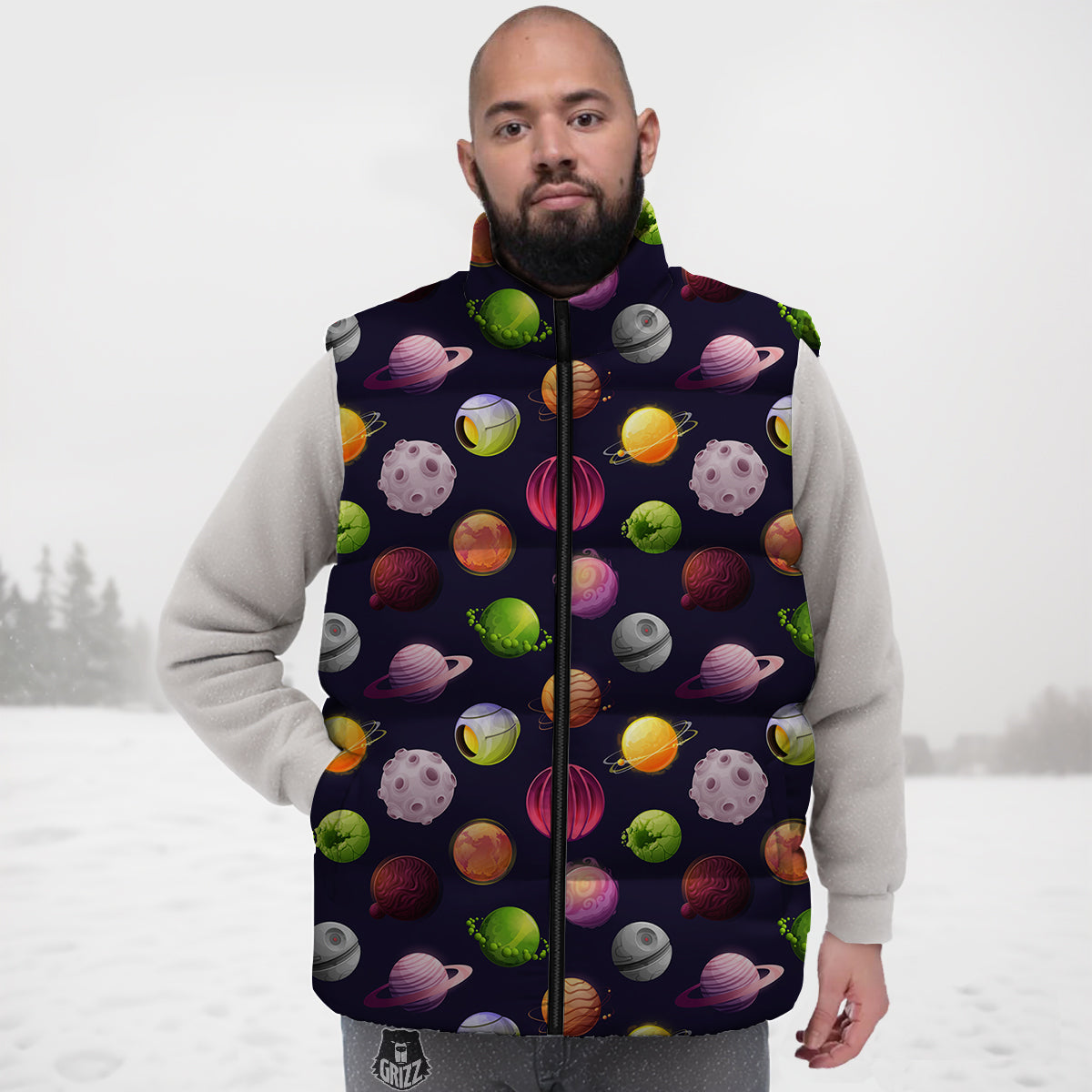 Planets And Stars Print Pattern Down Vest