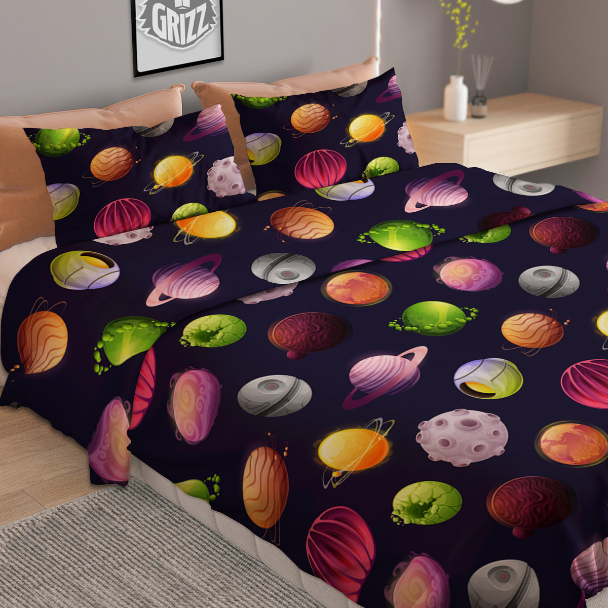 Planets And Stars Print Pattern Duvet Cover Bedding Set