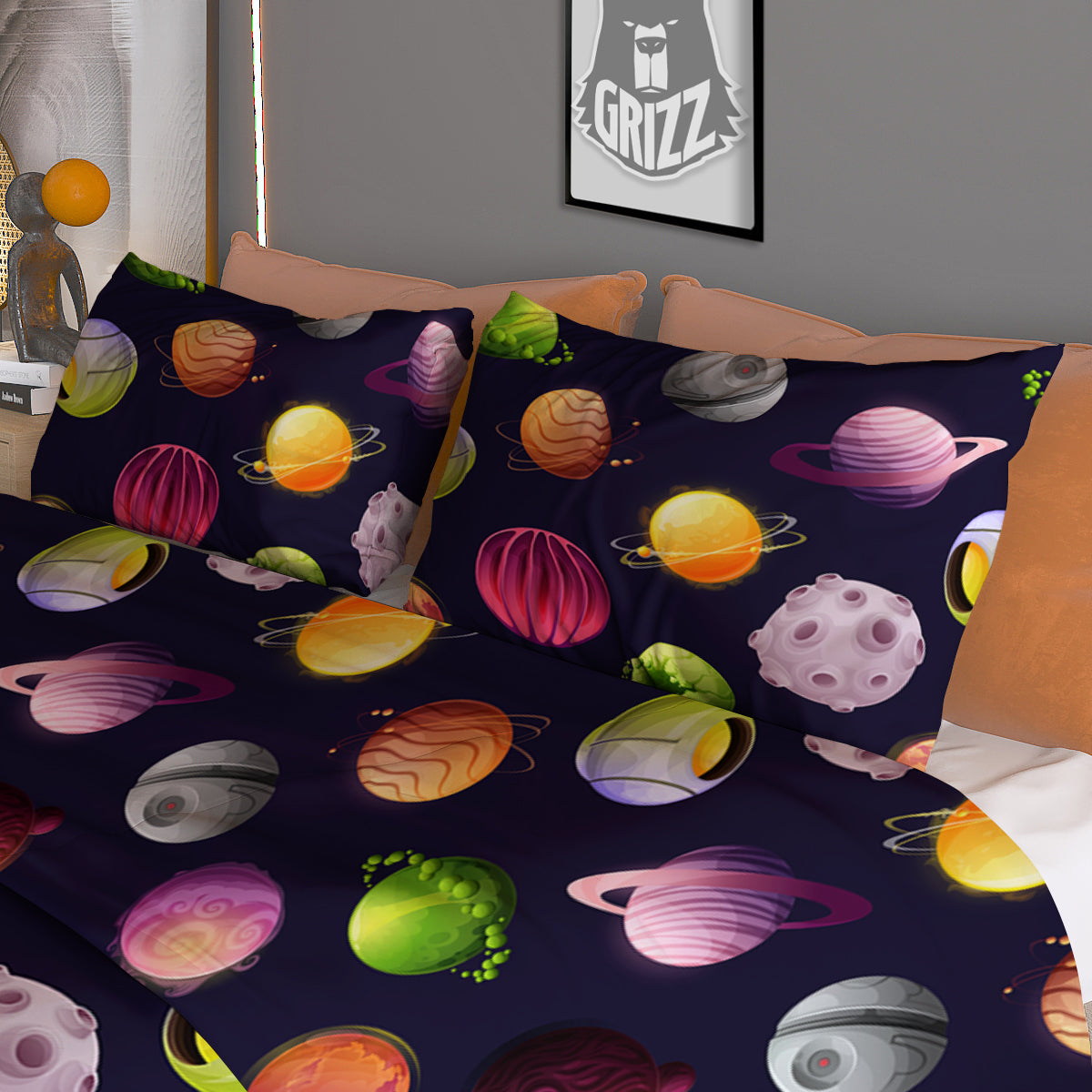 Planets And Stars Print Pattern Duvet Cover Bedding Set