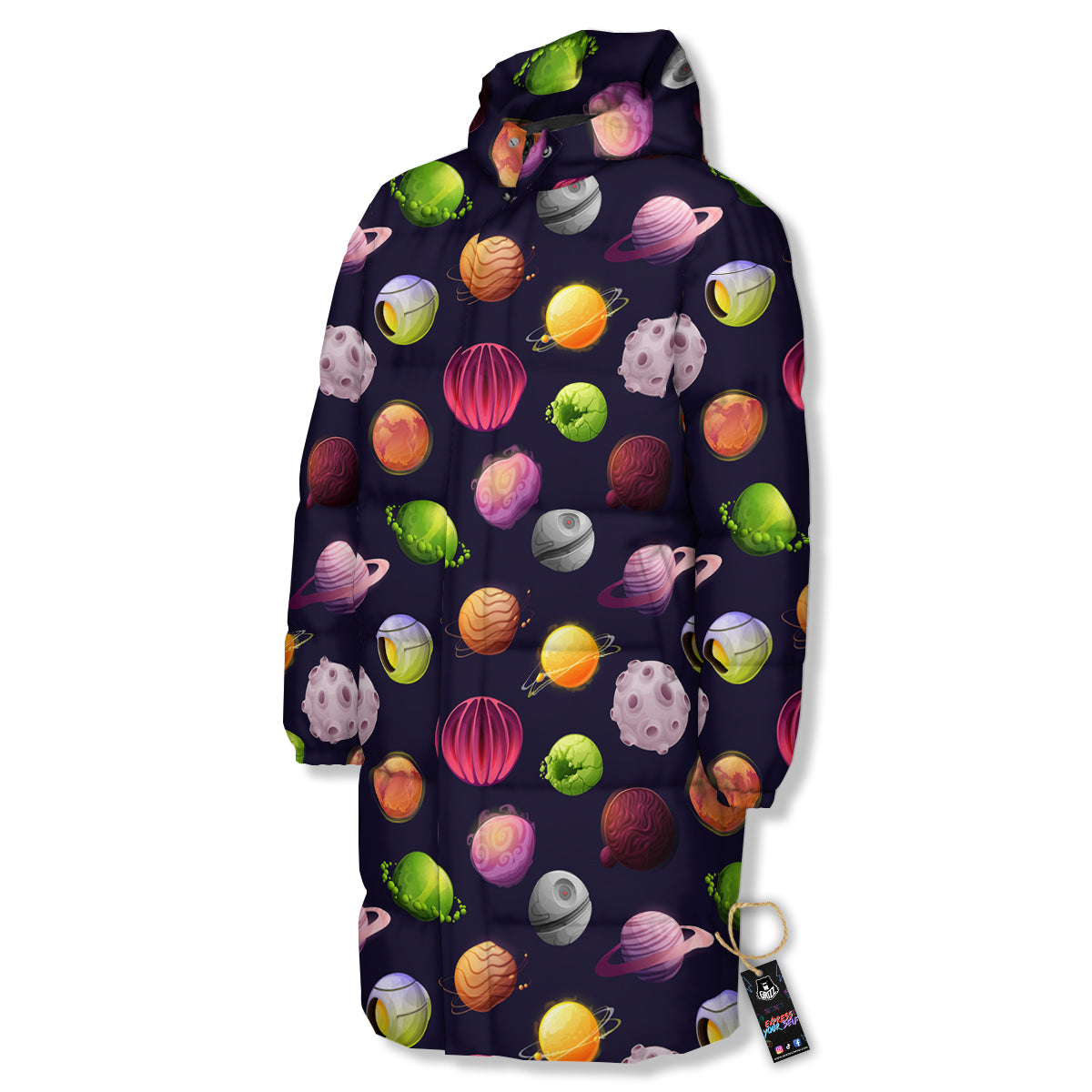 Planets And Stars Print Pattern Long Down Jacket-grizzshop