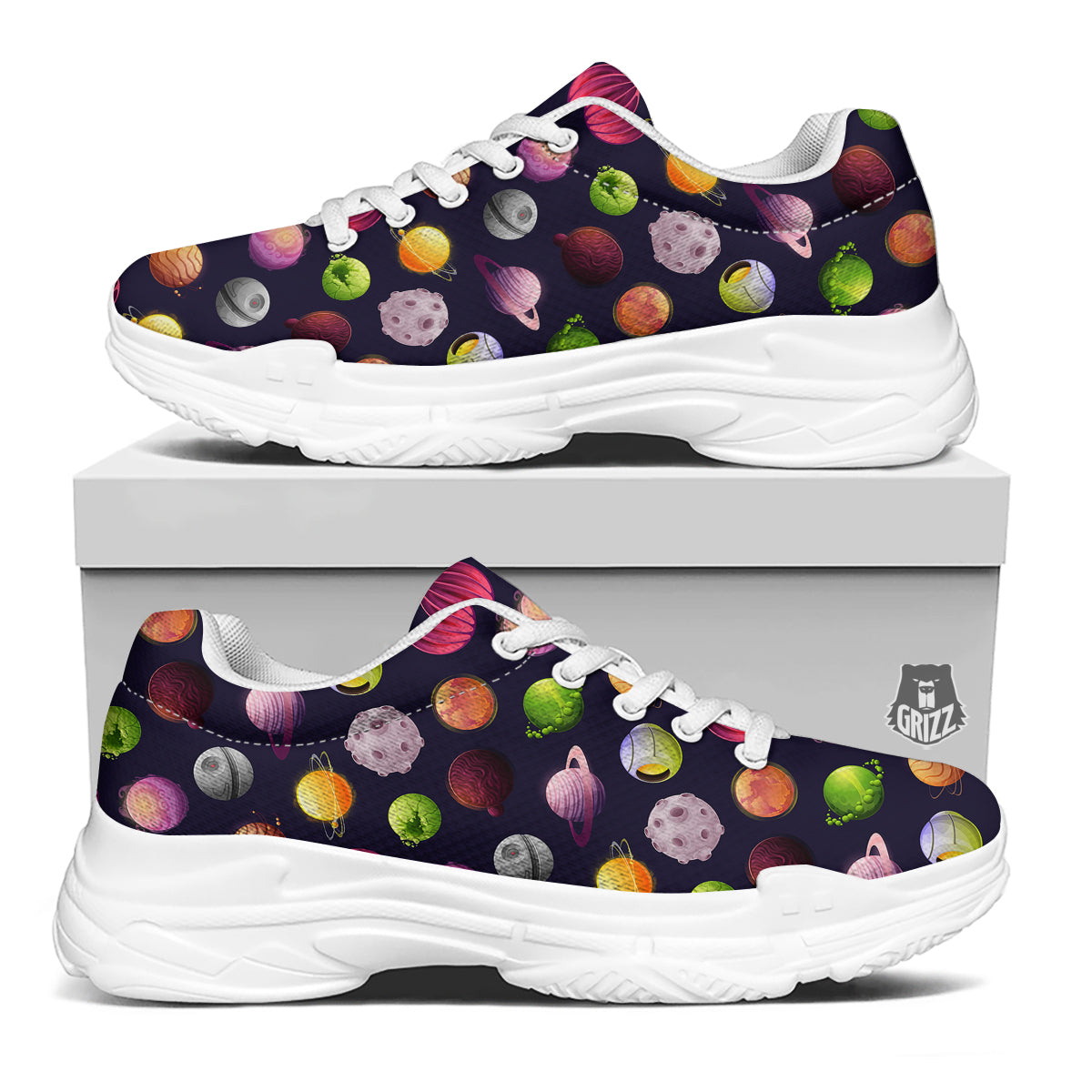 Planets And Stars Print Pattern White Chunky Shoes-grizzshop