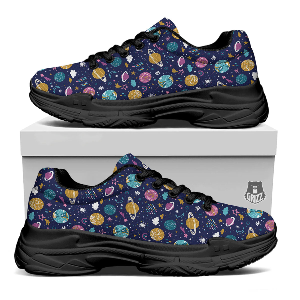 Planets Doodle Print Pattern Black Chunky Shoes-grizzshop