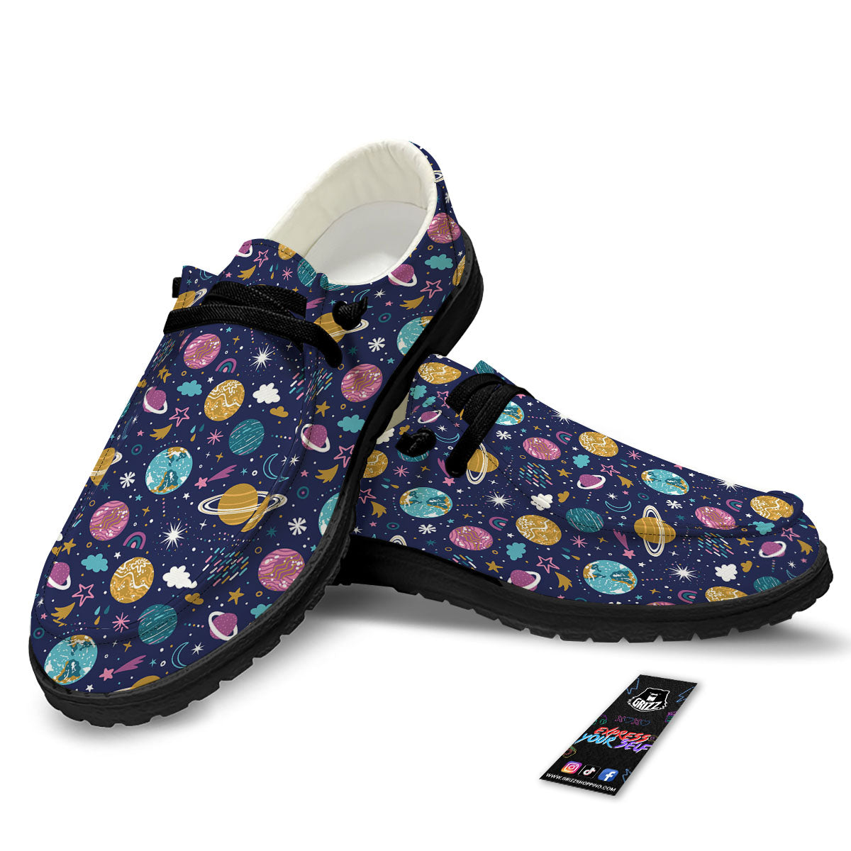 Planets Doodle Print Pattern Black Loafers-grizzshop
