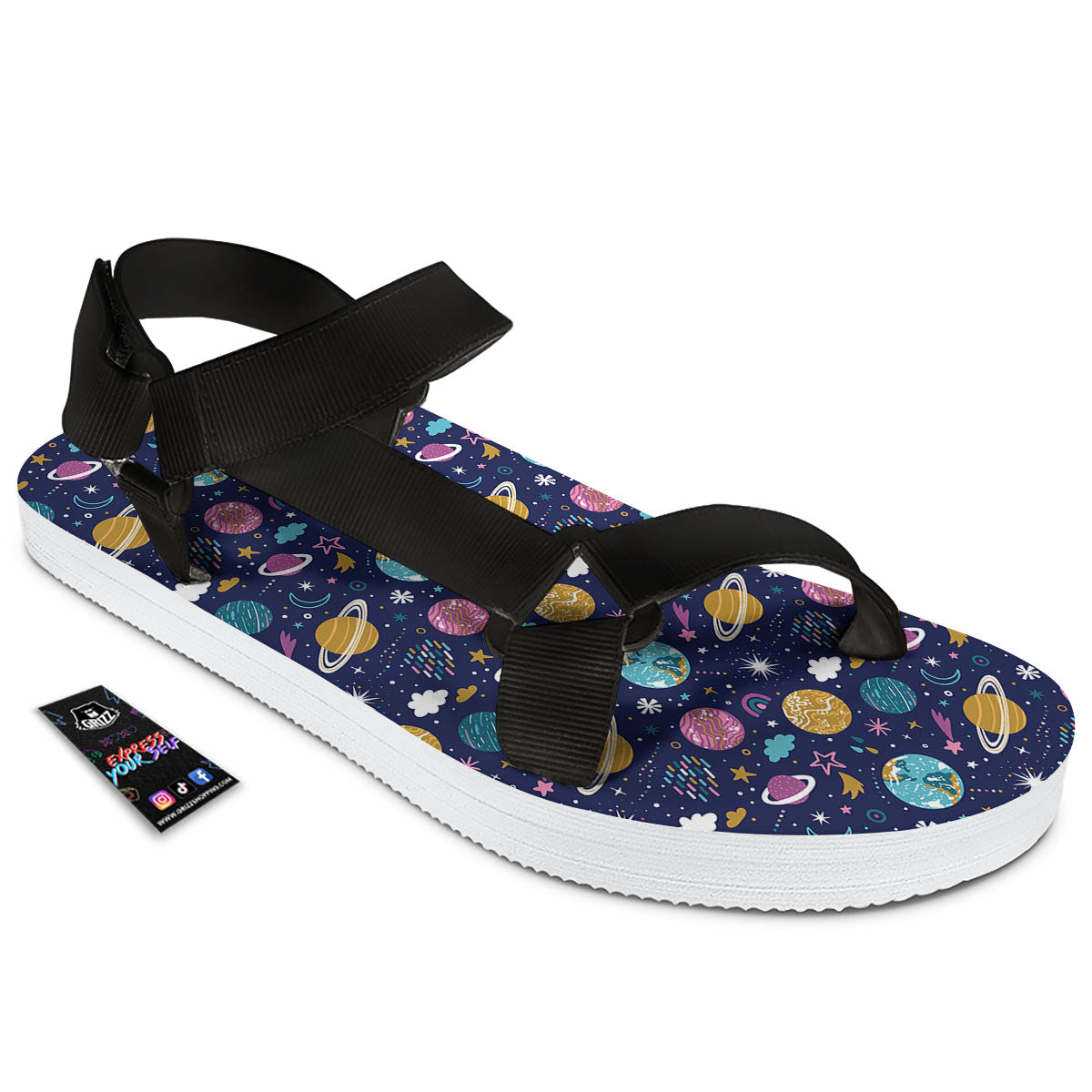 Planets Doodle Print Pattern Black Open Toe Sandals-grizzshop