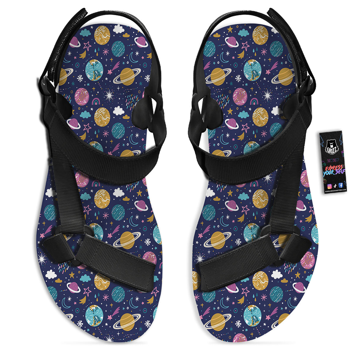 Planets Doodle Print Pattern Black Open Toe Sandals-grizzshop