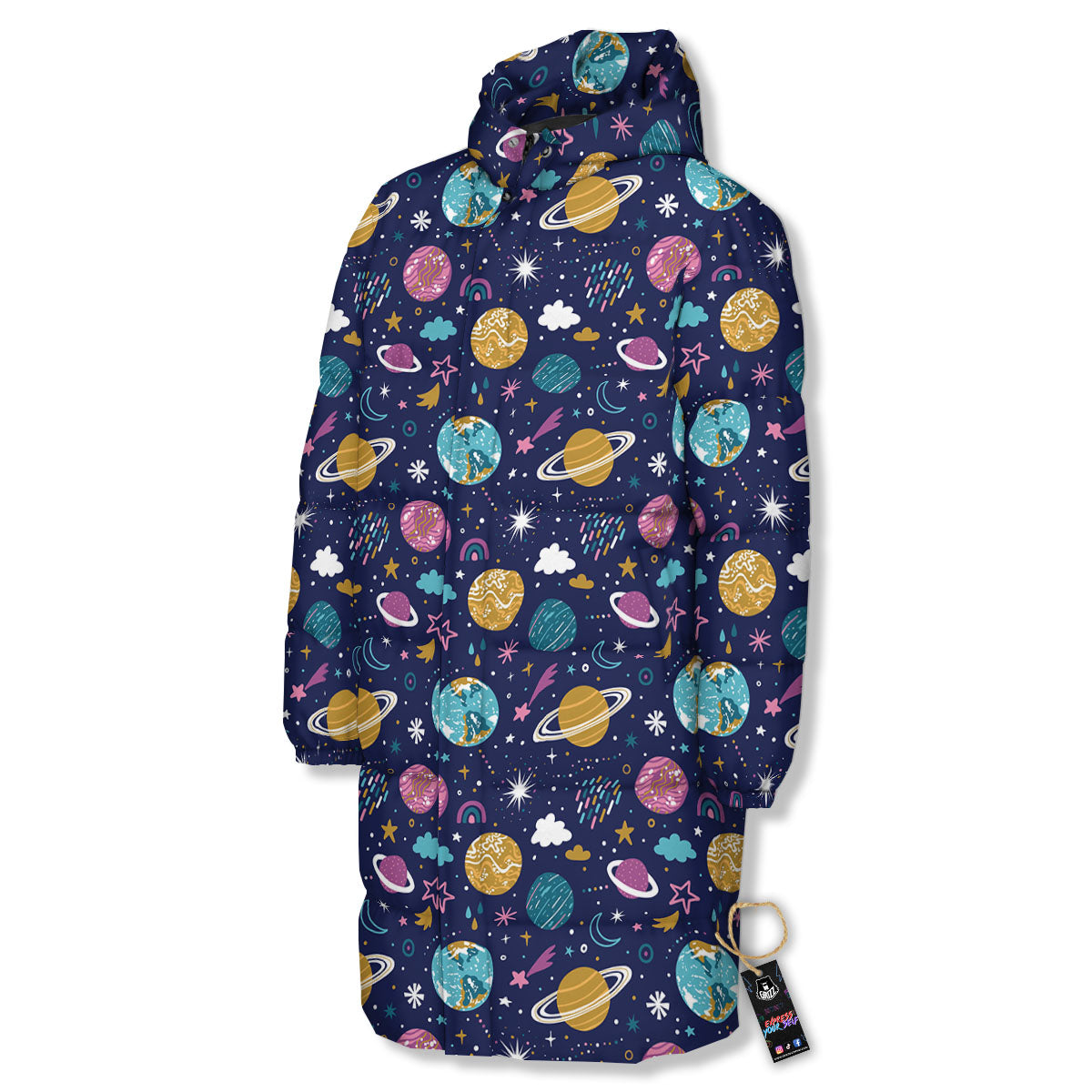 Planets Doodle Print Pattern Long Down Jacket-grizzshop