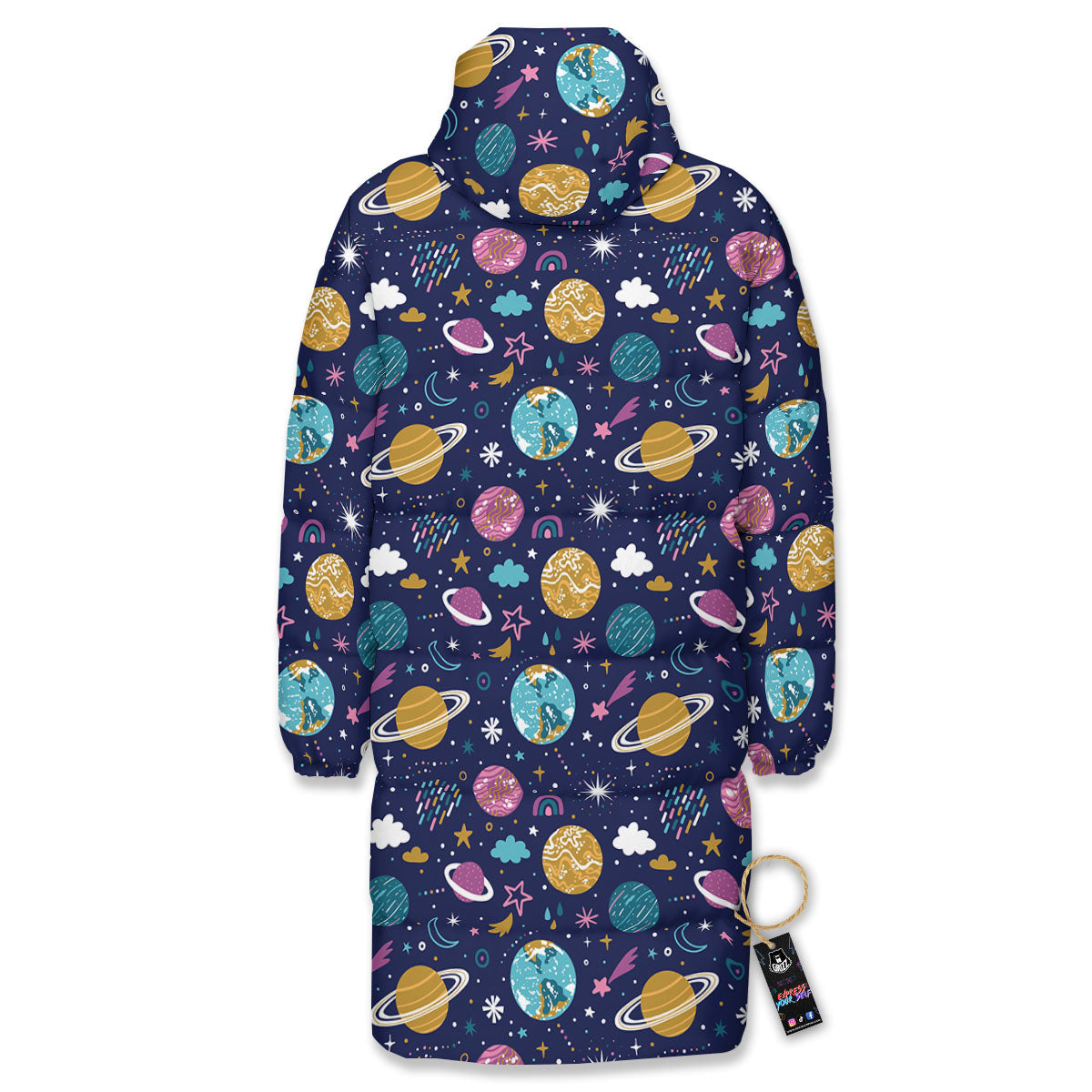 Planets Doodle Print Pattern Long Down Jacket-grizzshop