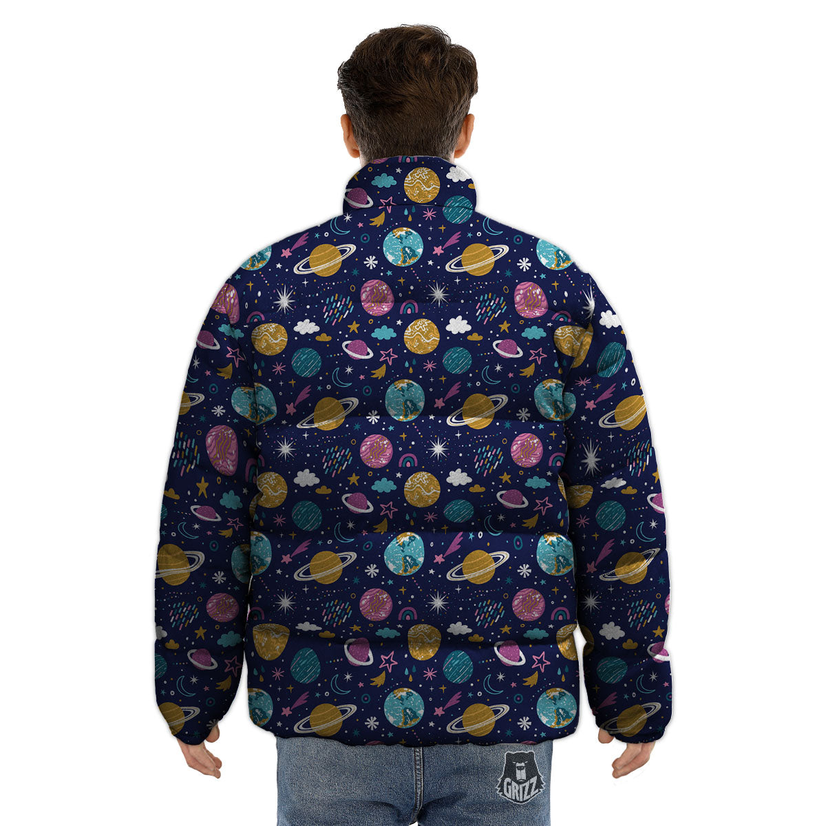 Planets Doodle Print Pattern Puffer Jacket-grizzshop