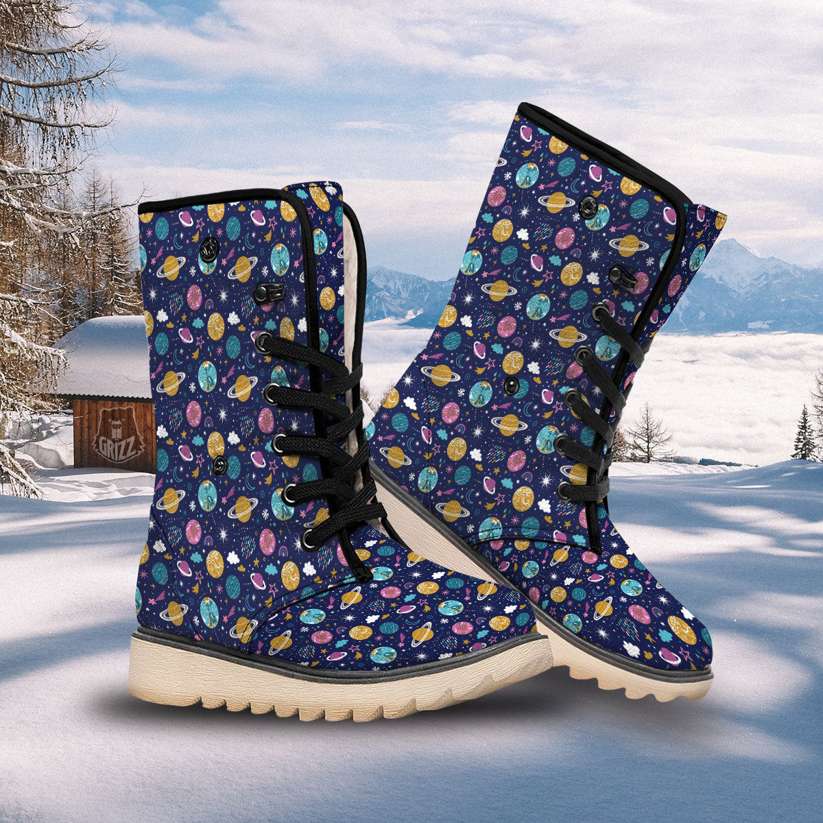 Planets Doodle Print Pattern Snow Boots-grizzshop