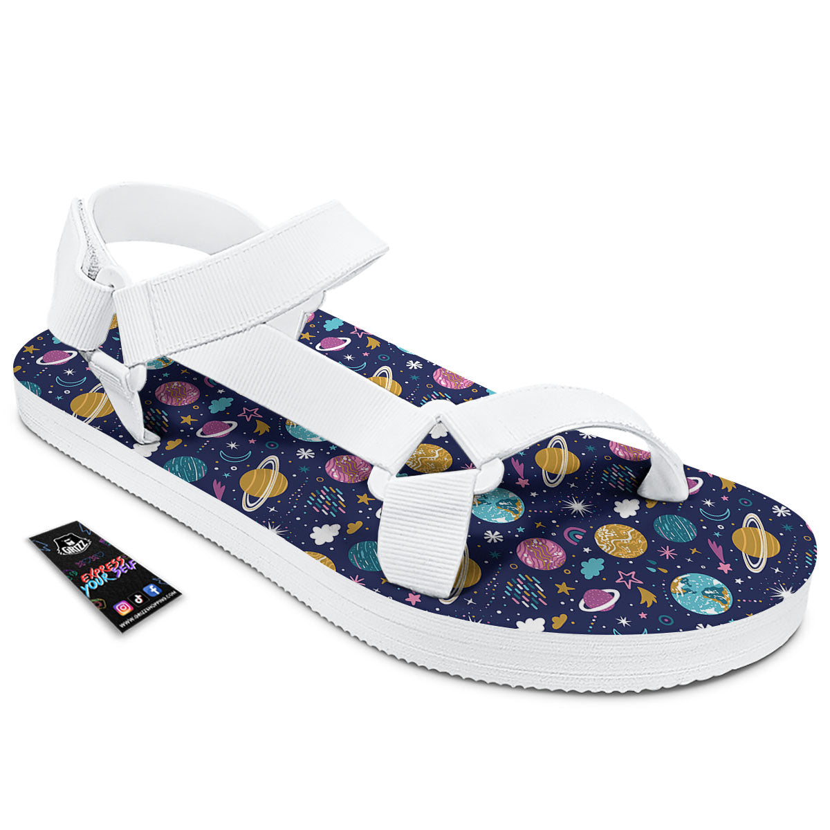Planets Doodle Print Pattern White Open Toe Sandals-grizzshop