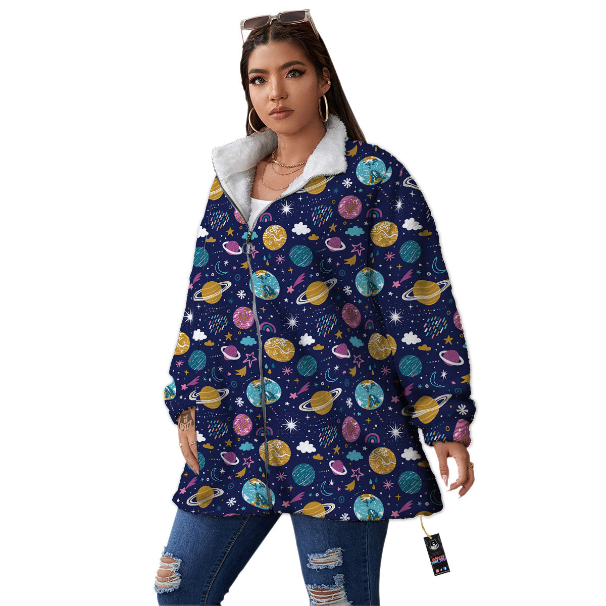 Planets Doodle Print Pattern Women's Sherpa Jacket-grizzshop