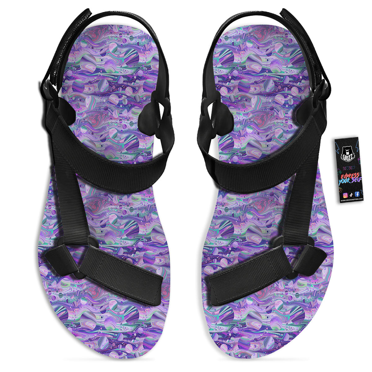 Planets Fantasy Print Pattern Black Open Toe Sandals-grizzshop