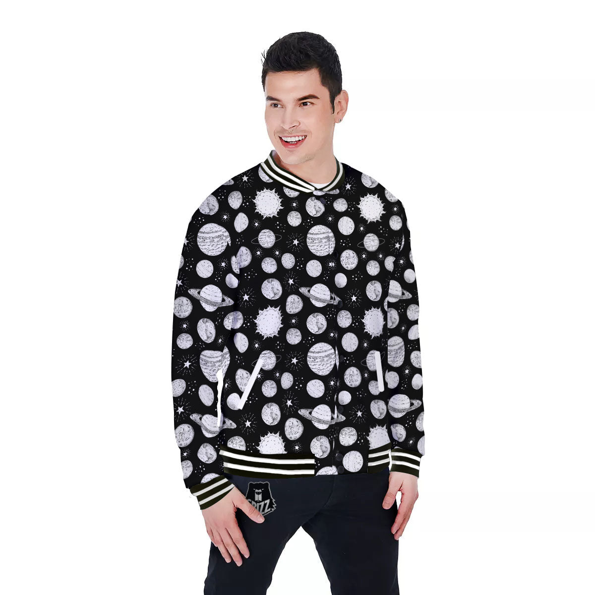 Planets White And Black Print Pattern Baseball Jacket-grizzshop