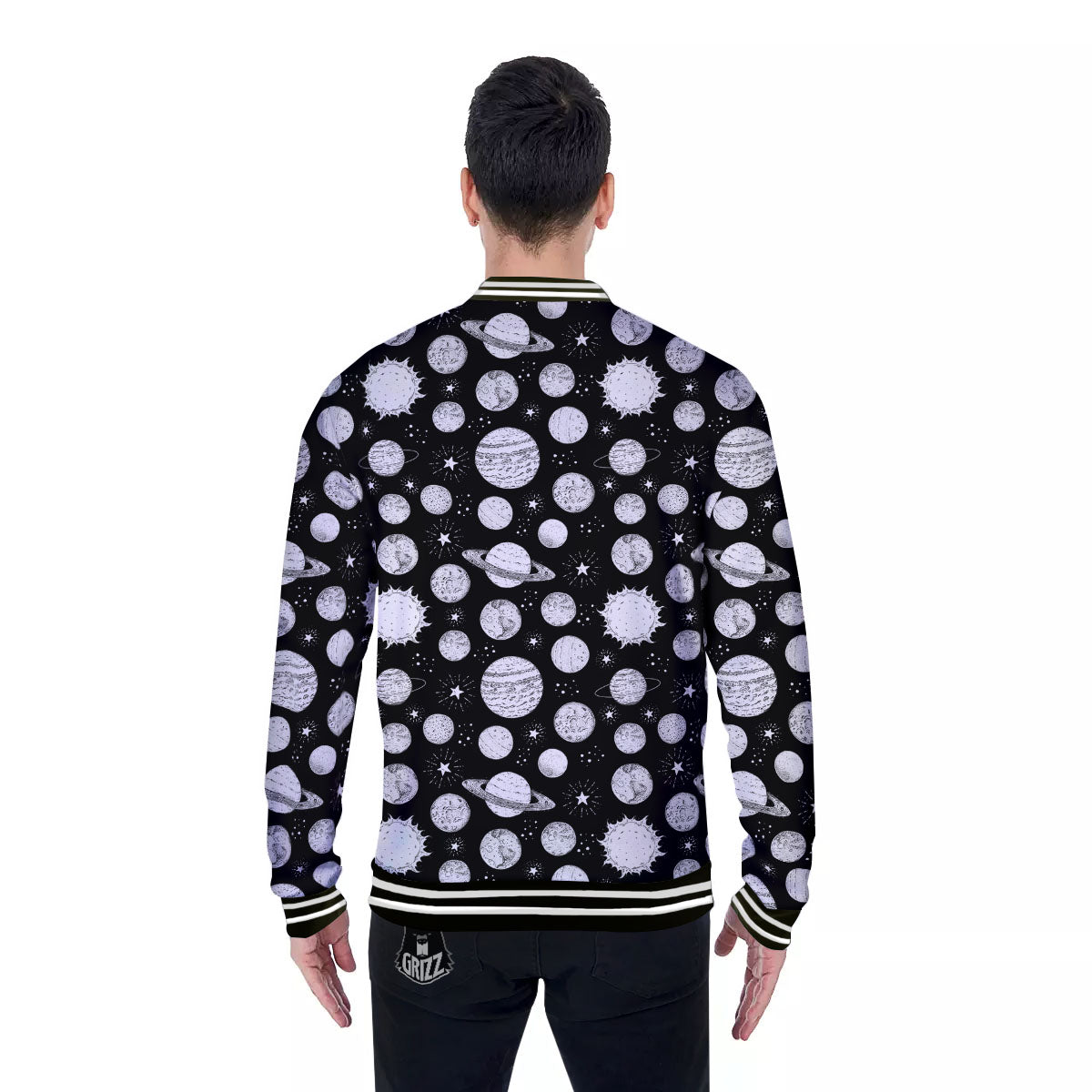 Planets White And Black Print Pattern Baseball Jacket-grizzshop
