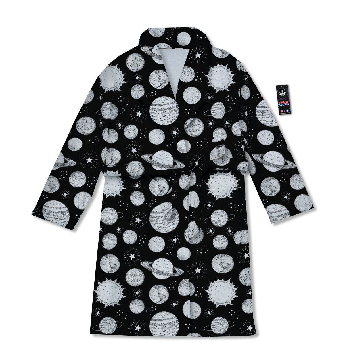 Planets White And Black Print Pattern Bathrobe-grizzshop