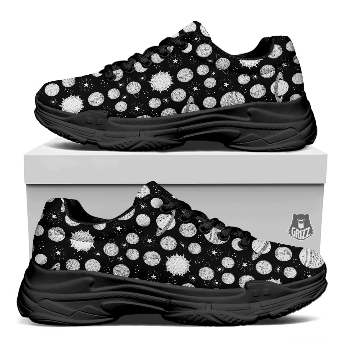 Planets White And Black Print Pattern Black Chunky Shoes-grizzshop