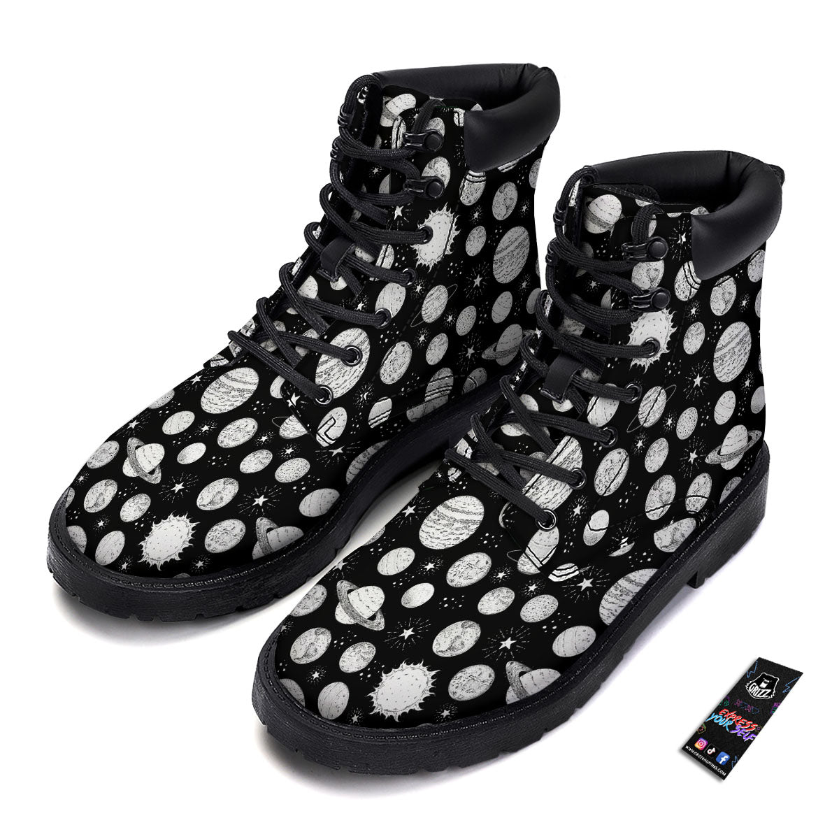 Planets White And Black Print Pattern Boots-grizzshop