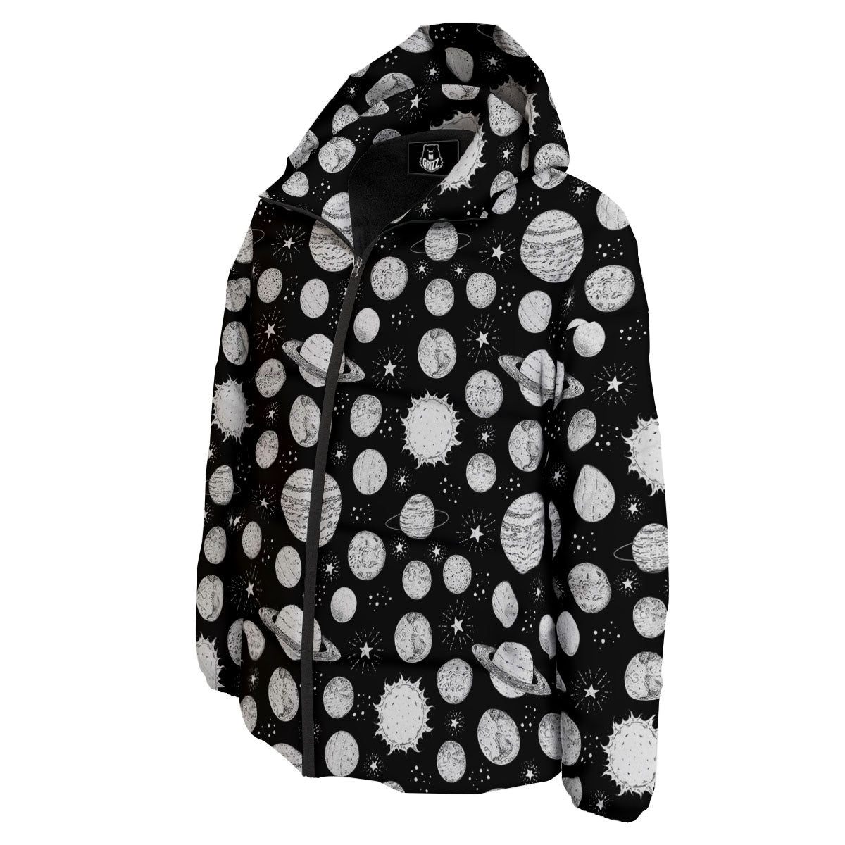 Planets White And Black Print Pattern Down Jacket-grizzshop