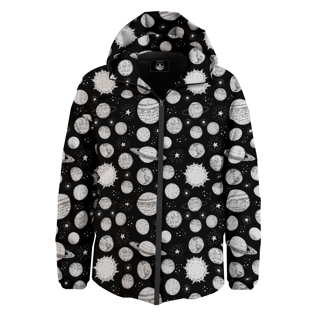 Planets White And Black Print Pattern Down Jacket-grizzshop
